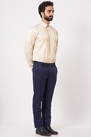Beige Linen Pleated Tuxedo Shirt by Ekam by Manish Gupta