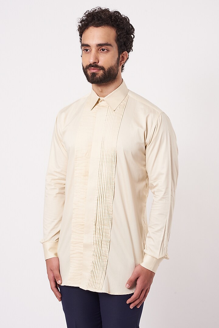 Beige Linen Pleated Tuxedo Party Wear Shirt by Ekam by Manish Gupta at Pernia's Pop Up Shop