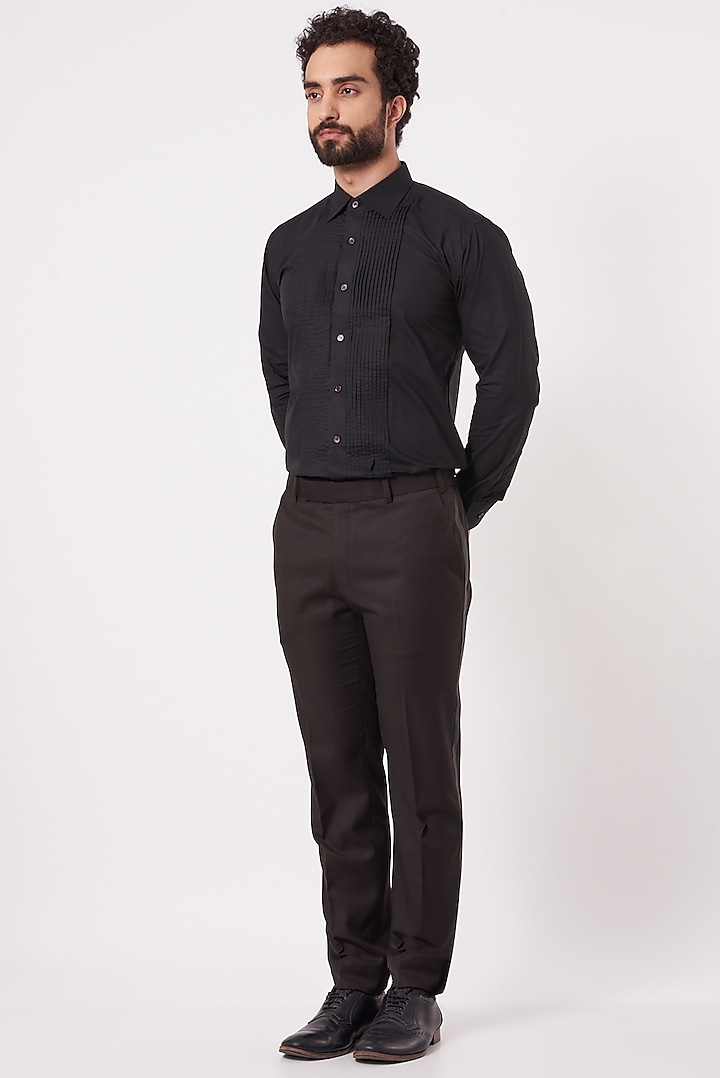 Black Cotton Pleated Tuxedo Shirt by Ekam by Manish Gupta