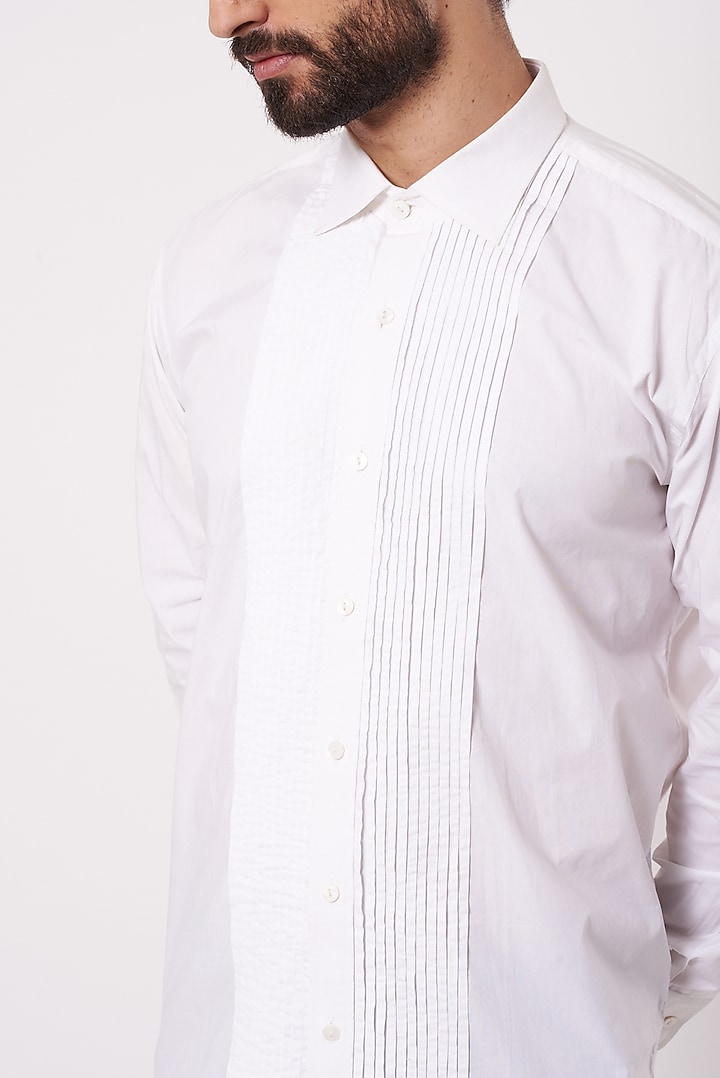 White Linen Pleated Tuxedo Party Wear Shirt by Ekam by Manish Gupta at Pernia's Pop Up Shop
