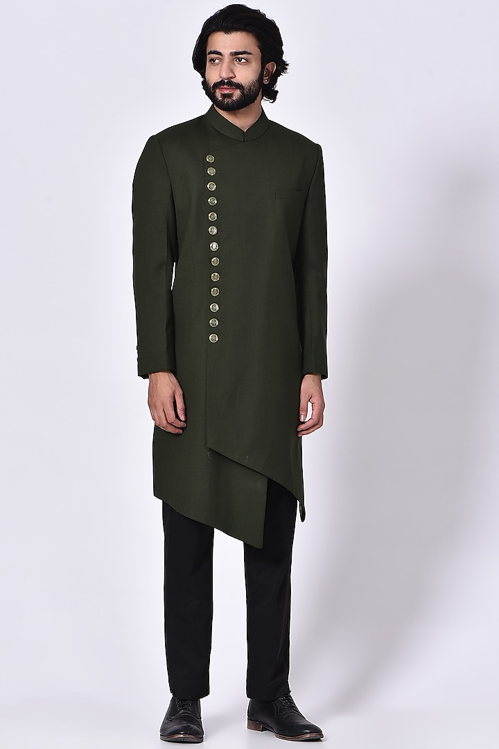 Moss Green Fine Wool Suiting Asymmetrical Indowestern Set by Ekam by Manish Gupta