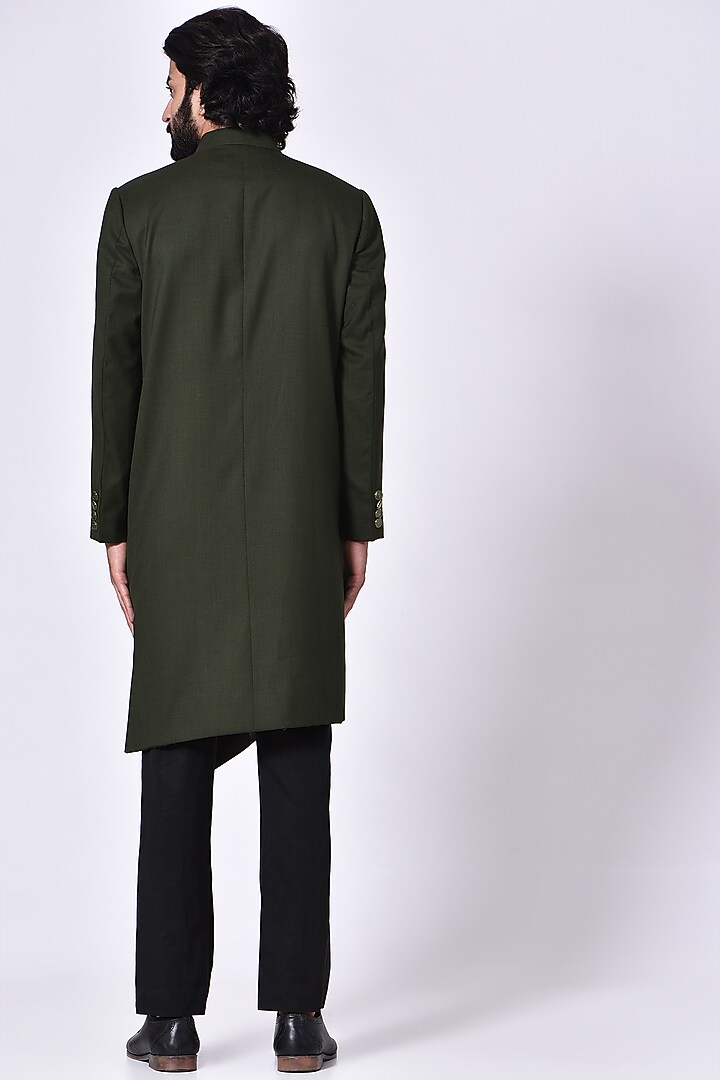 Moss Green Fine Wool Suiting Asymmetrical Indowestern Set by Ekam by Manish Gupta at Pernia's Pop Up Shop