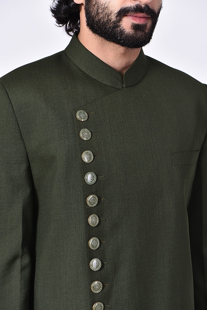 Moss Green Fine Wool Suiting Asymmetrical Indowestern Set by Ekam by Manish Gupta at Pernia's Pop Up Shop