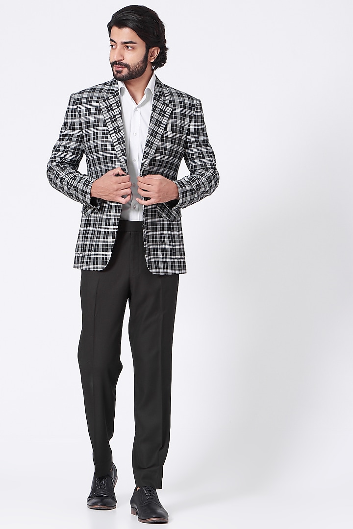 Black & White Pure Linen Checkered Blazer Set by Ekam by Manish Gupta at Pernia's Pop Up Shop