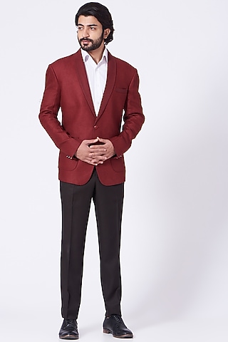 Burgundy Pure Linen Blazer Set by Ekam by Manish Gupta