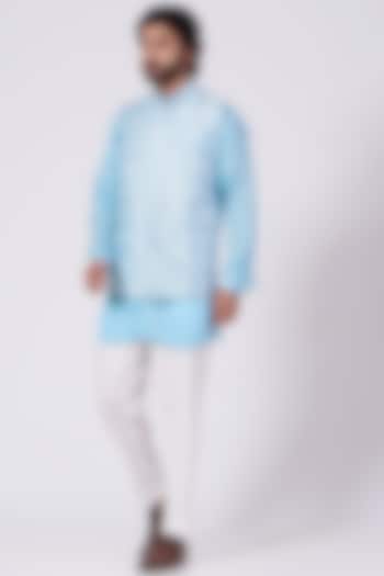 Cyan Blue Poly Dupion Bundi Jacket by Ekam by Manish Gupta at Pernia's Pop Up Shop