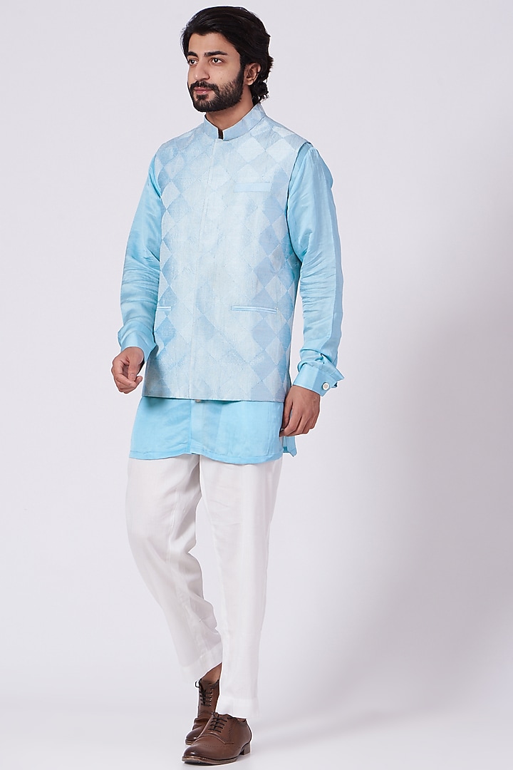 Cyan Blue Poly Dupion Bundi Jacket by Ekam by Manish Gupta at Pernia's Pop Up Shop