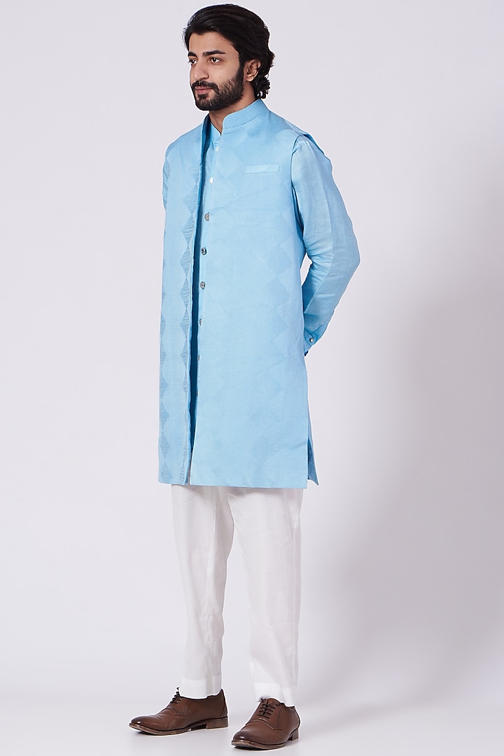 Cyan Blue Poly Dupion Bundi Jacket by Ekam by Manish Gupta at Pernia's Pop Up Shop