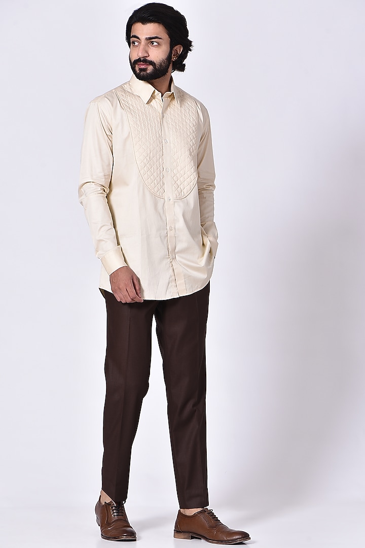 Beige Italian Cotton Tuxedo Party Wear Shirt by Ekam by Manish Gupta at Pernia's Pop Up Shop