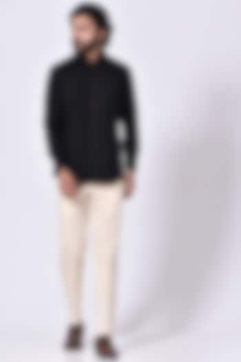 Black Pleated Tuxedo Party Wear Shirt by Ekam by Manish Gupta at Pernia's Pop Up Shop