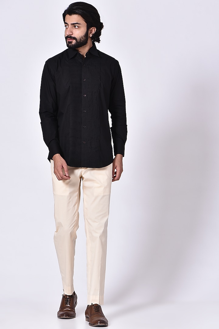Black Pleated Tuxedo Party Wear Shirt by Ekam by Manish Gupta at Pernia's Pop Up Shop