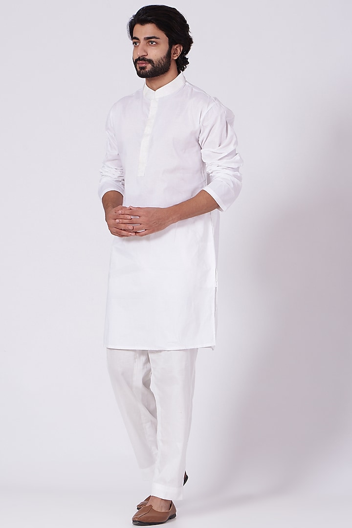 White Cotton Striped Kurta Set by Ekam by Manish Gupta