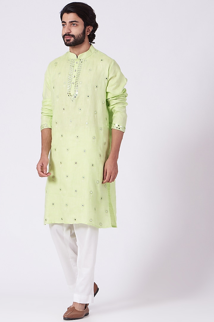 Neon Green Mirror Hand Embroidered Kurta Set by Ekam by Manish Gupta