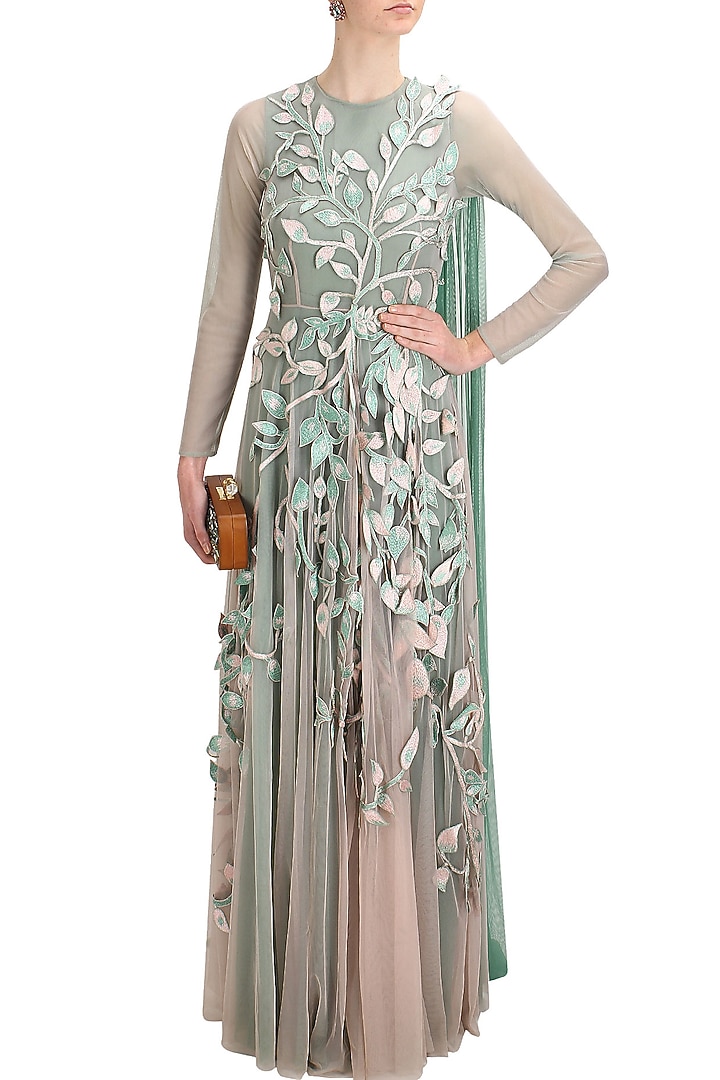 Green ombre leaves embroidered 3D applique work grandeur trail gown available only at Pernia's Pop Up Shop.