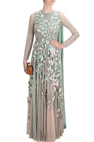 Green ombre leaves embroidered 3D applique work grandeur trail gown by Elysian By Gitanjali