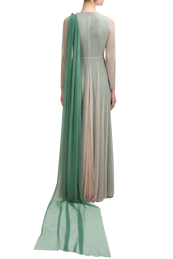 Green ombre leaves embroidered 3D applique work grandeur trail gown available only at Pernia's Pop Up Shop.
