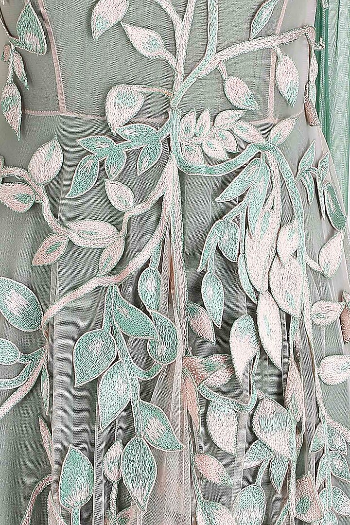 Green ombre leaves embroidered 3D applique work grandeur trail gown available only at Pernia's Pop Up Shop.