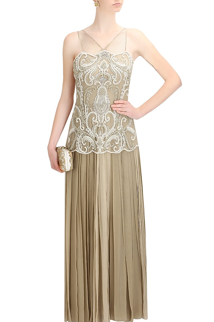 Beige beads and sequins applique work sheer etheral gown available only at Pernia's Pop Up Shop.