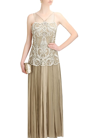 Beige beads and sequins applique work sheer etheral gown by Elysian By Gitanjali