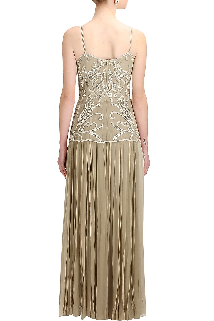 Beige beads and sequins applique work sheer etheral gown available only at Pernia's Pop Up Shop.
