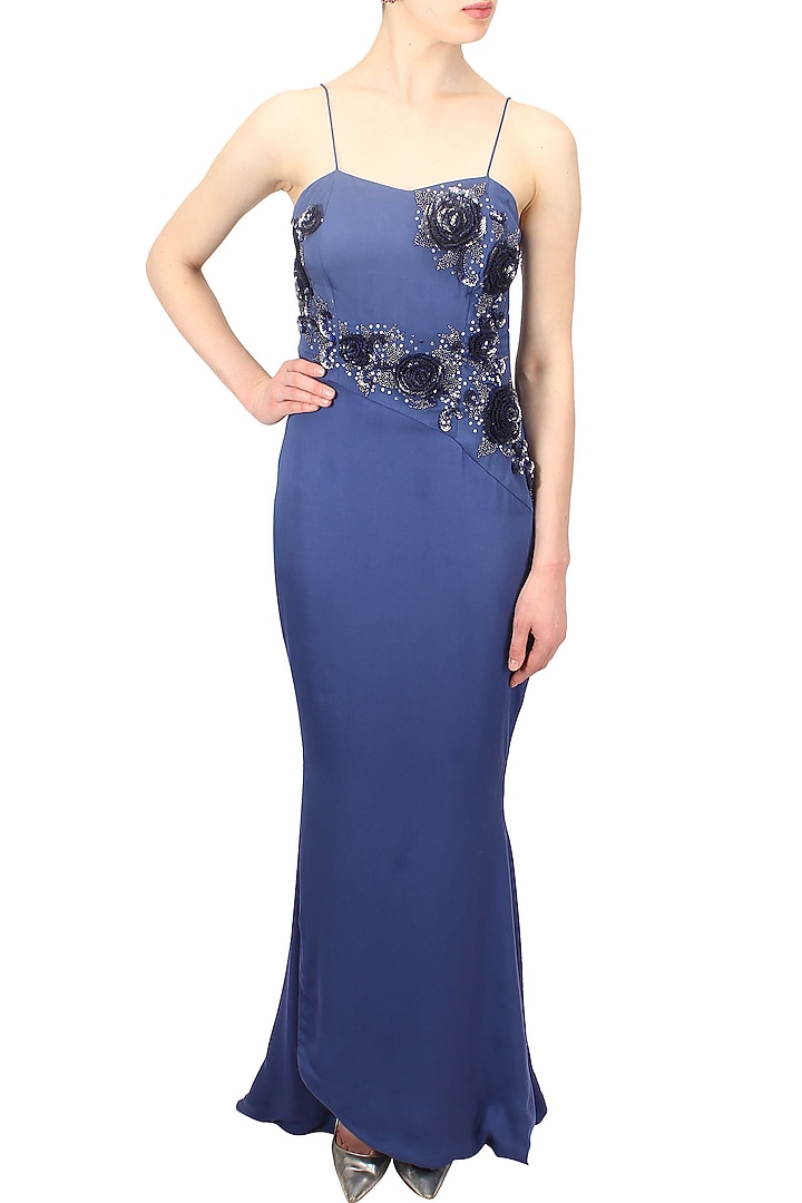 Blue embroidered rose motifs midnight era gown available only at Pernia's Pop Up Shop.