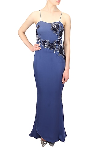 Blue embroidered rose motifs midnight era gown by Elysian By Gitanjali