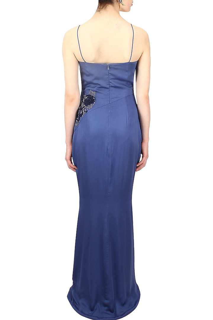 Blue embroidered rose motifs midnight era gown available only at Pernia's Pop Up Shop.