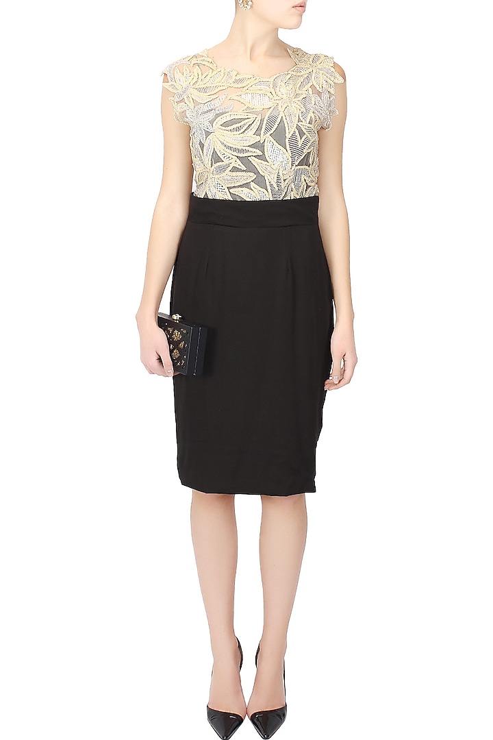 Black and beige embroidered leaves applique work dress available only at Pernia's Pop Up Shop.