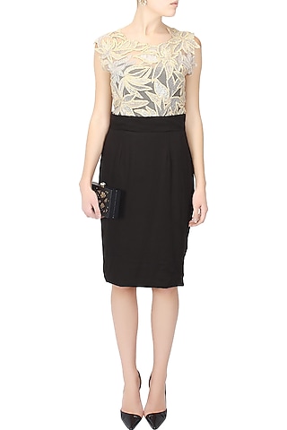 Black and beige embroidered leaves applique work dress by Elysian By Gitanjali
