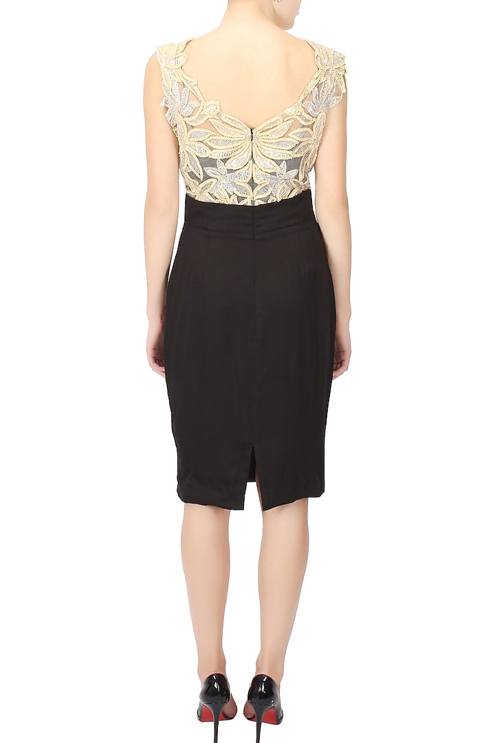 Black and beige embroidered leaves applique work dress available only at Pernia's Pop Up Shop.