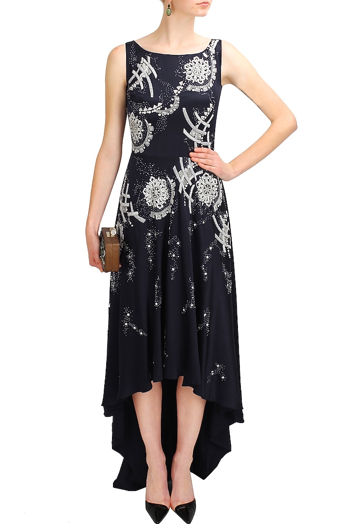 Navy blue sequins and beads embellished dark beauty cocktail gown available only at Pernia's Pop Up Shop.