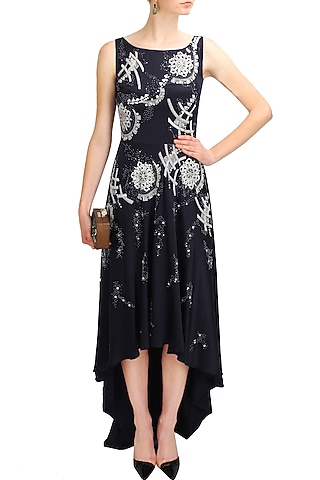 Navy blue sequins and beads embellished dark beauty cocktail gown by Elysian By Gitanjali