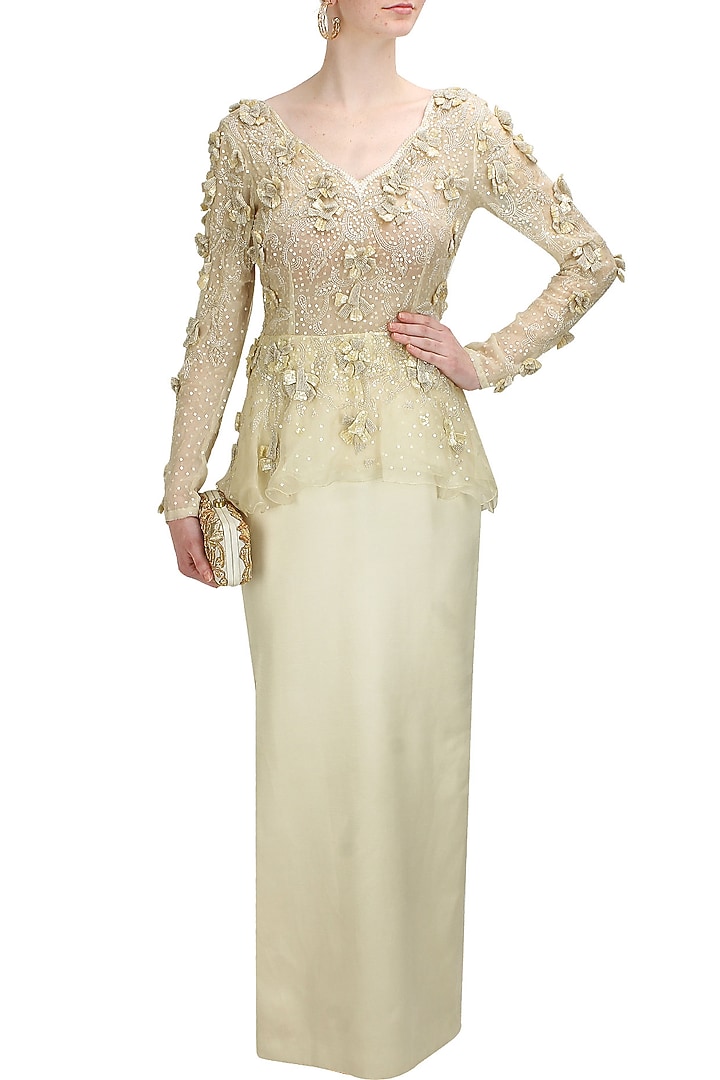Ivory floral sequins and beads embroidered peplum gown available only at Pernia's Pop Up Shop.