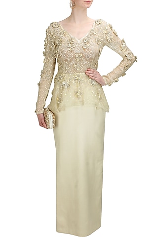 Ivory floral sequins and beads embroidered peplum gown by Elysian By Gitanjali