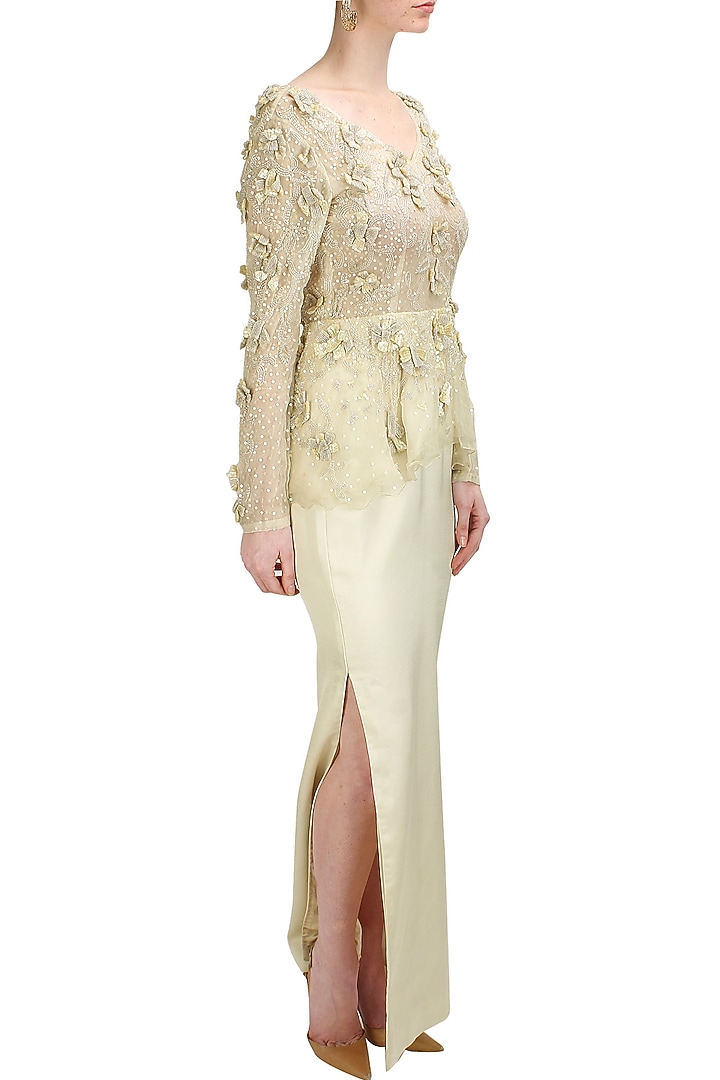 Ivory floral sequins and beads embroidered peplum gown available only at Pernia's Pop Up Shop.