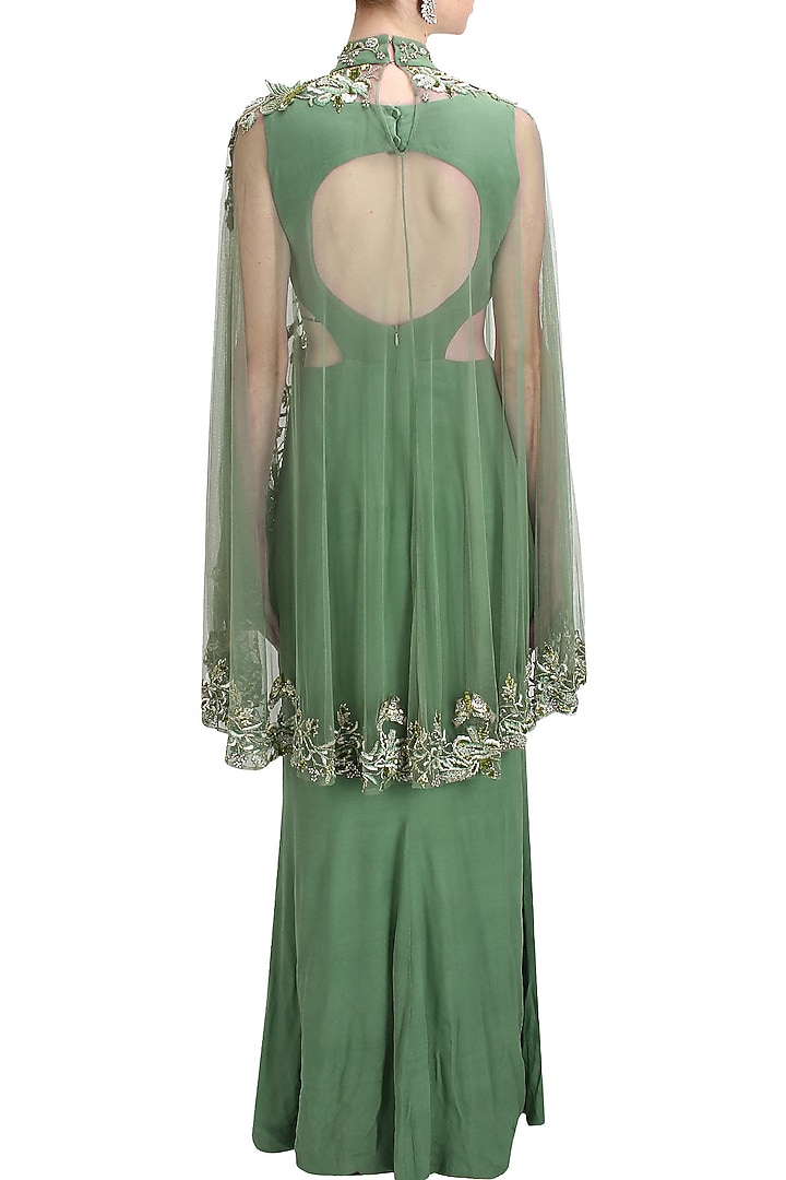 Green cutout goddess gown with embroidered high low sheer cape available only at Pernia's Pop Up Shop.