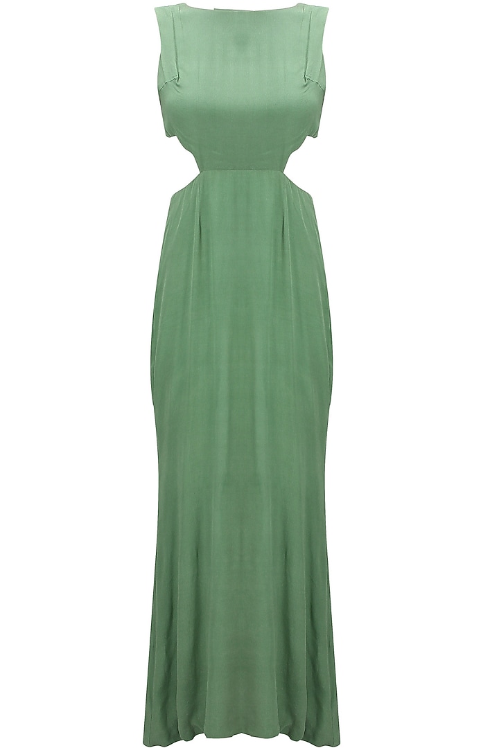 Green cutout goddess gown with embroidered high low sheer cape available only at Pernia's Pop Up Shop.
