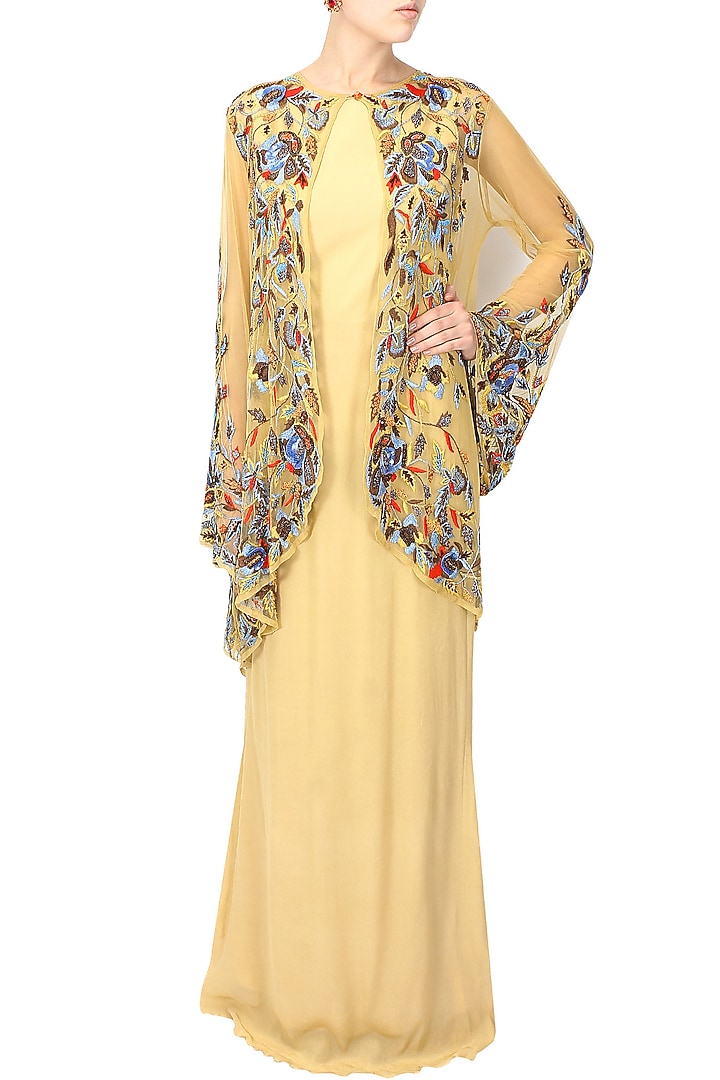 Beige queen bee gown with floral embroidered sheer cape available only at Pernia's Pop Up Shop.