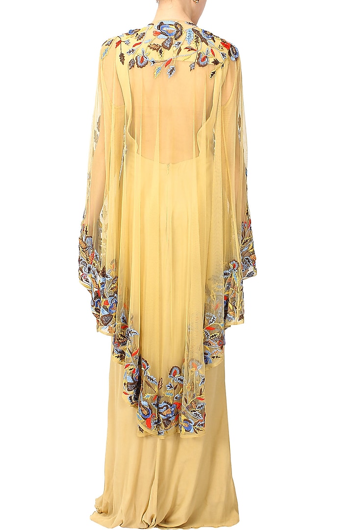 Beige queen bee gown with floral embroidered sheer cape available only at Pernia's Pop Up Shop.