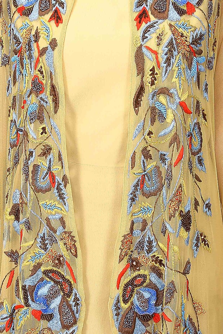 Beige queen bee gown with floral embroidered sheer cape available only at Pernia's Pop Up Shop.