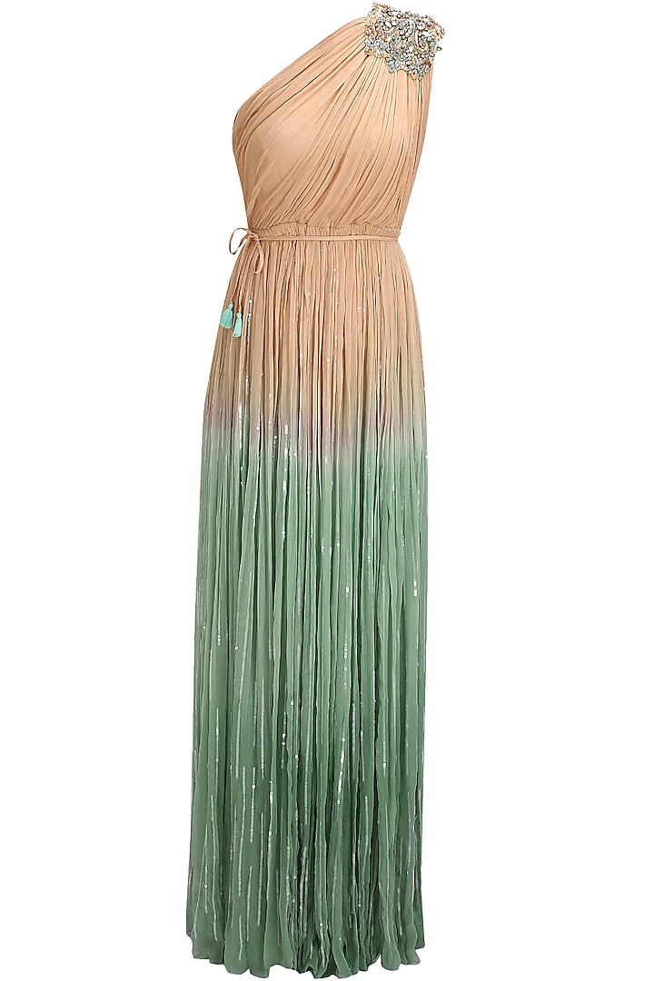 Beige and green ombre one shoulder embellished cleopatra gown by Elysian By Gitanjali