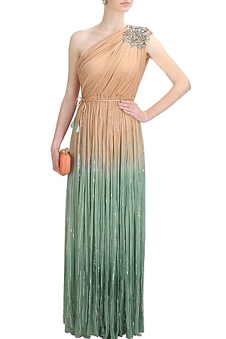 Beige and green ombre one shoulder embellished cleopatra gown by Elysian By Gitanjali