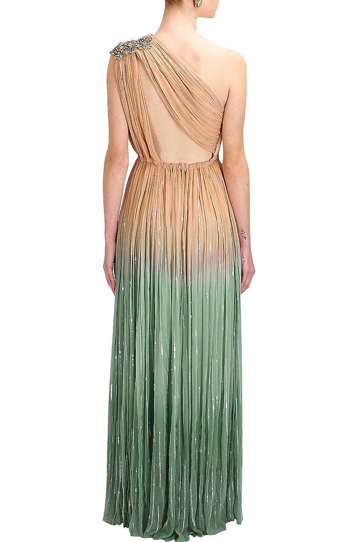 Beige and green ombre one shoulder embellished cleopatra gown available only at Pernia's Pop Up Shop.