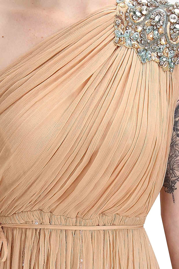 Beige and green ombre one shoulder embellished cleopatra gown available only at Pernia's Pop Up Shop.