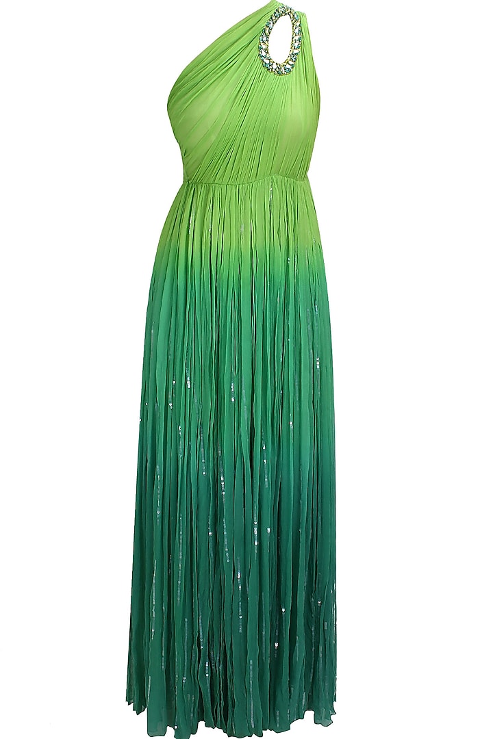 Green ombre sequins embellished one shoulder trinkerbell gown by Elysian By Gitanjali