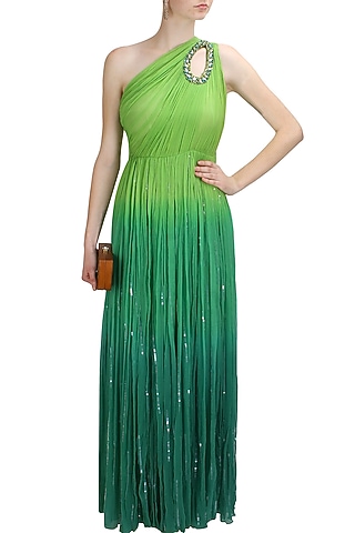 Green ombre sequins embellished one shoulder trinkerbell gown by Elysian By Gitanjali
