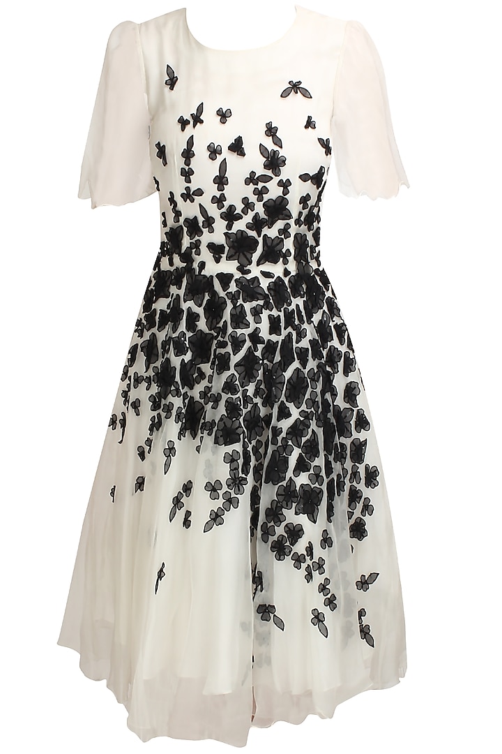 White and black organza cut flower motifs angel dress by Elysian By Gitanjali