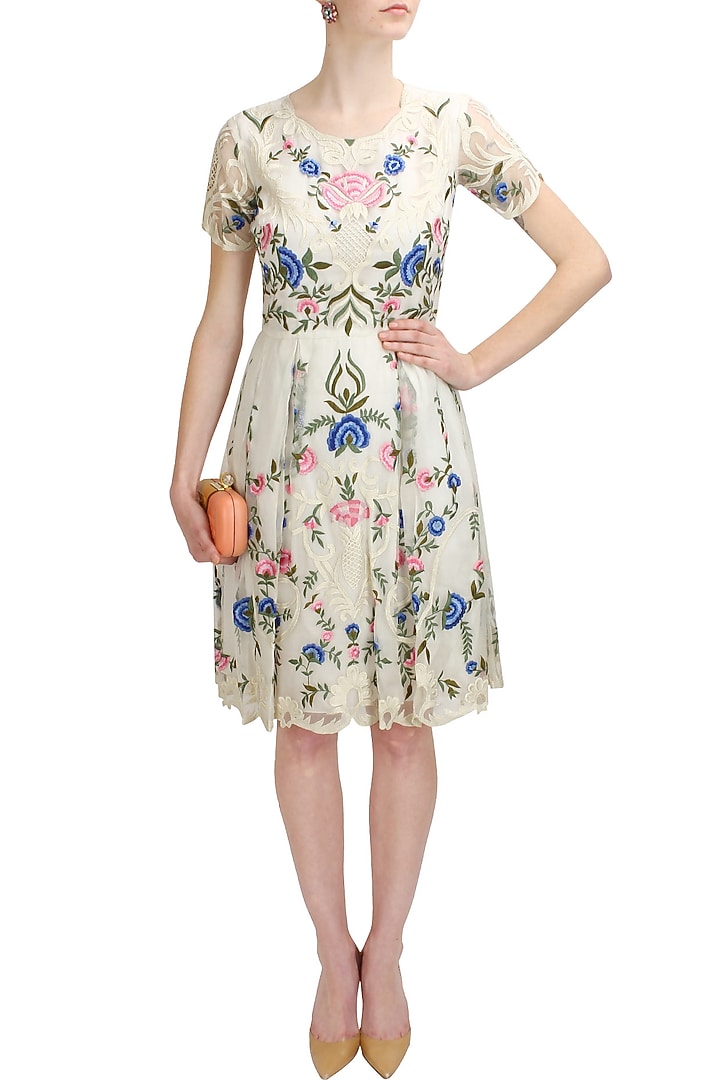 Ivory floral thread embroidered spring dress available only at Pernia's Pop Up Shop.