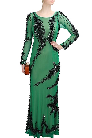 Green and black sequins and beads embellished helen gown by Elysian By Gitanjali