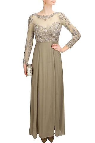 Gold sequins and beads embellished sheer princess gown by Elysian By Gitanjali